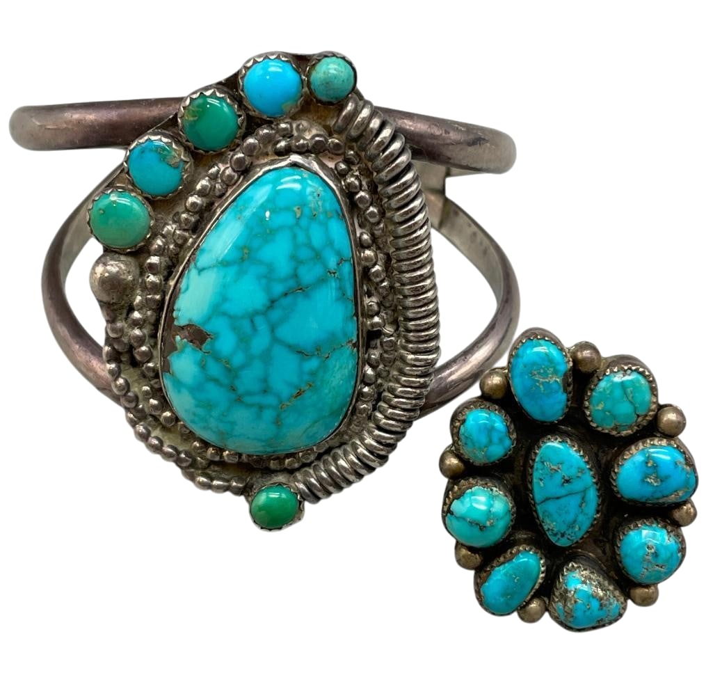 Sterling Silver And Turquoise Bracelet With Turquoise Cluster Ring (1 of 10)