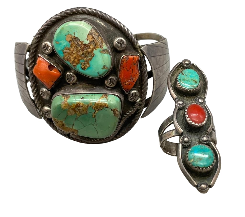 Vintage Sterling Silver, Turquoise And Coral Bracelet And Ring: Offered here is a vintage sterling silver, turquoise and coral bracelet and ring. Both pieces are highlighted with turquoise and coral cabochons set in silver bezels. Accenting the stones are silver d