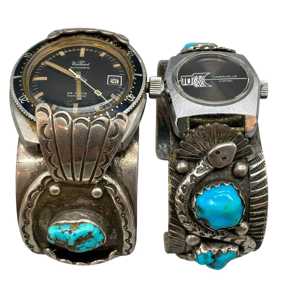 Two Vintage Sterling Silver And Turquoise Watch Cuffs: Available here for your consideration are two vintage sterling silver and turquoise watch cuffs. These pieces are each highlighted with turquoise cabochons set in silver bezels. A variety of silverwor