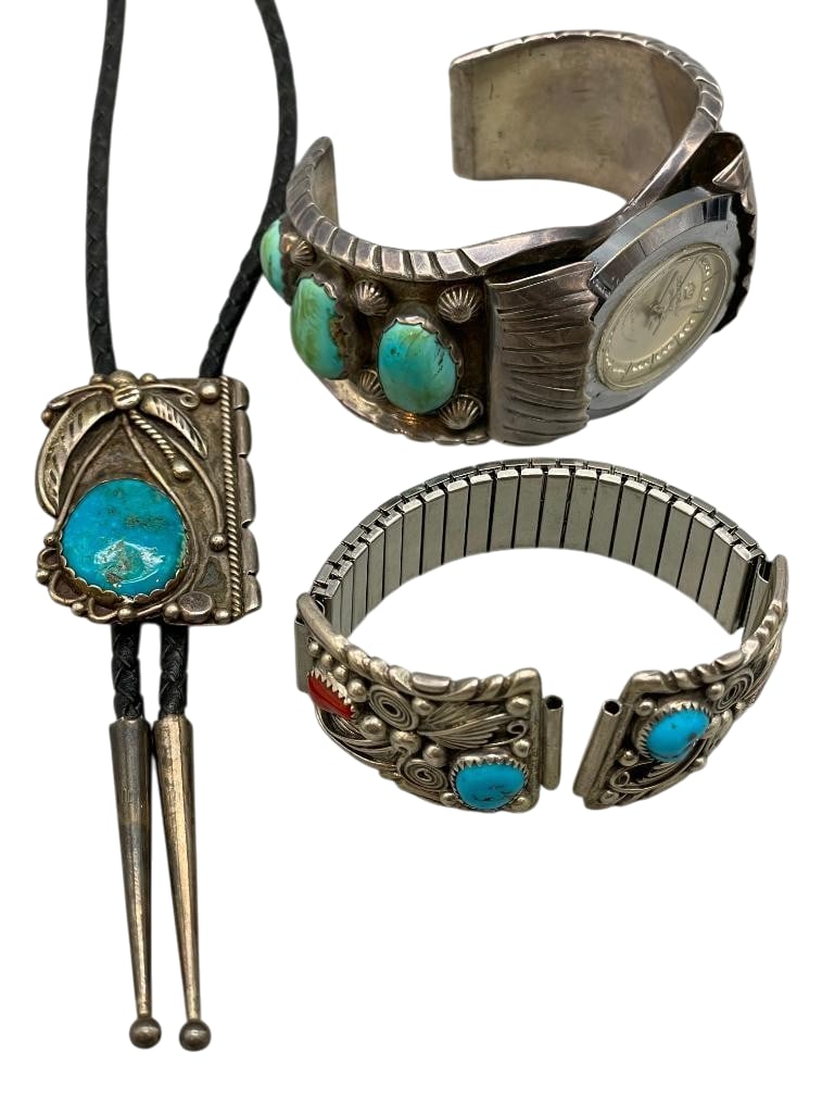 Three Sterling Silver Items With Turquoise - Watch Cuff, Tips and Bolo Tie (1 of 19)