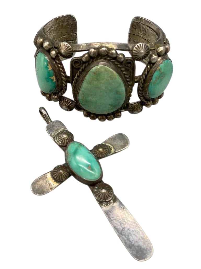Art Lewis Sterling Silver And Turquoise Three Stone Bracelet And Matching Cross Pendant (1 of 10)