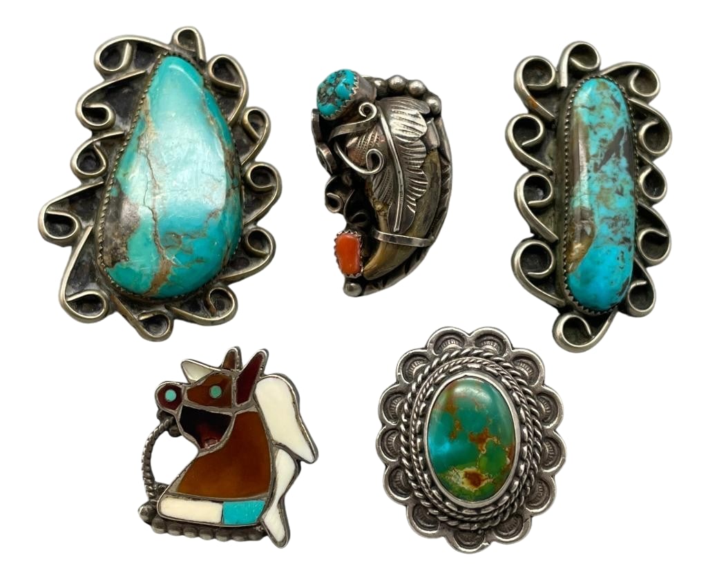Five Vintage Sterling Silver Rings With Various Designs: Offered here are five vintage sterling silver rings with various designs. These pieces showcase a variety of different designs, featuring turquoise and coral cabochons or multi stone inlay. The caboch