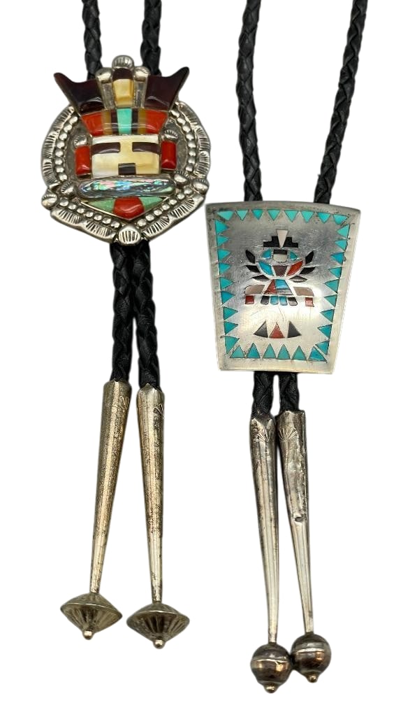 Two Zuni Sterling Silver Bolo Ties By Simplicio And Lanyate: Available here for your consideration are two Zuni sterling silver bolo ties by Simplicio and Lanyate. The slides are both sterling silver and highlighted with figural designs. The motifs are done wit