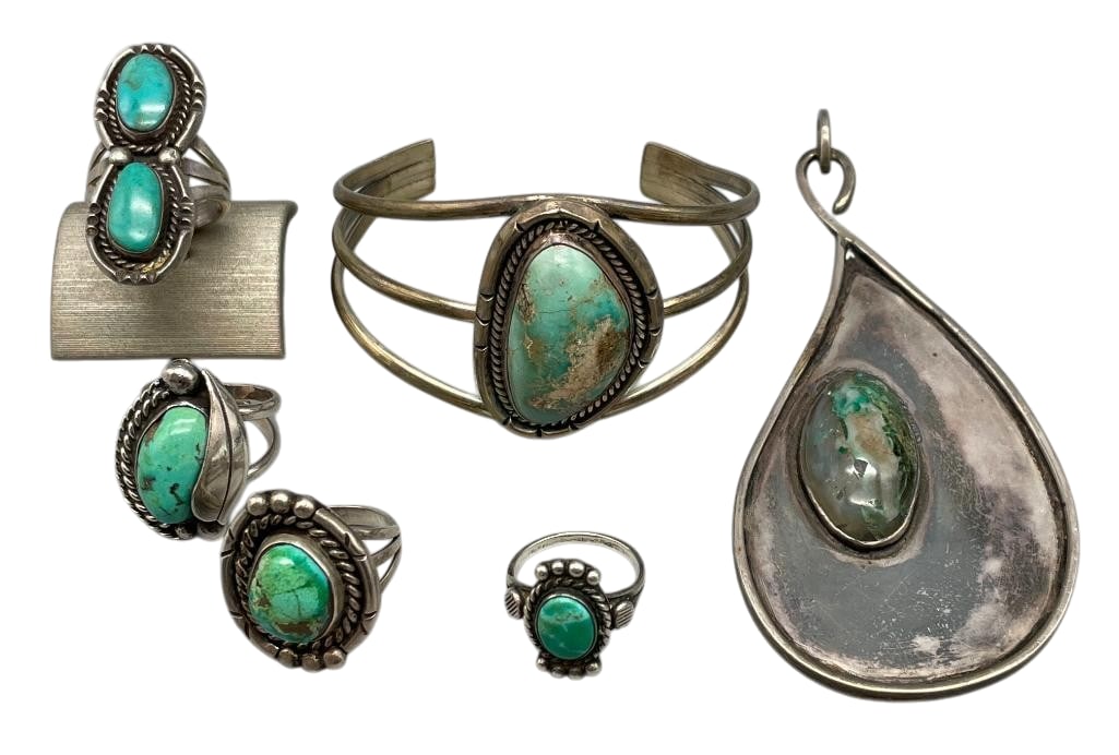 Group Of Vintage Sterling Silver Rings, Pendant And Bracelet: For your bidding enjoyment we present a group of vintage sterling silver rings, pendant and bracelet. The rings and bracelet feature turquoise cabochons, while the pendant has another cabochon with qu