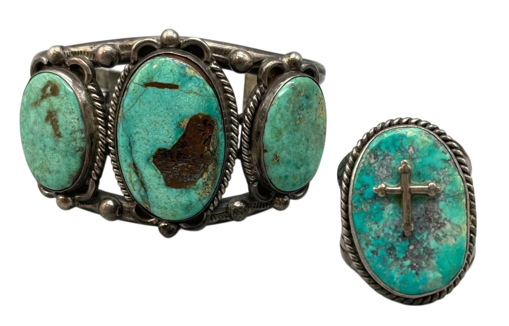 Great Three Stone Turquoise And Sterling Silver Bracelet And Cross Themed Ring (1 of 9)
