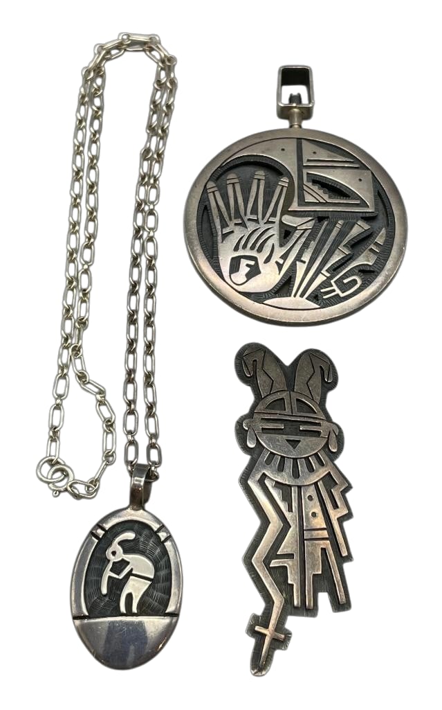 Two Sterling Silver Hopi Overlay Design Pendants And One Pin (1 of 9)