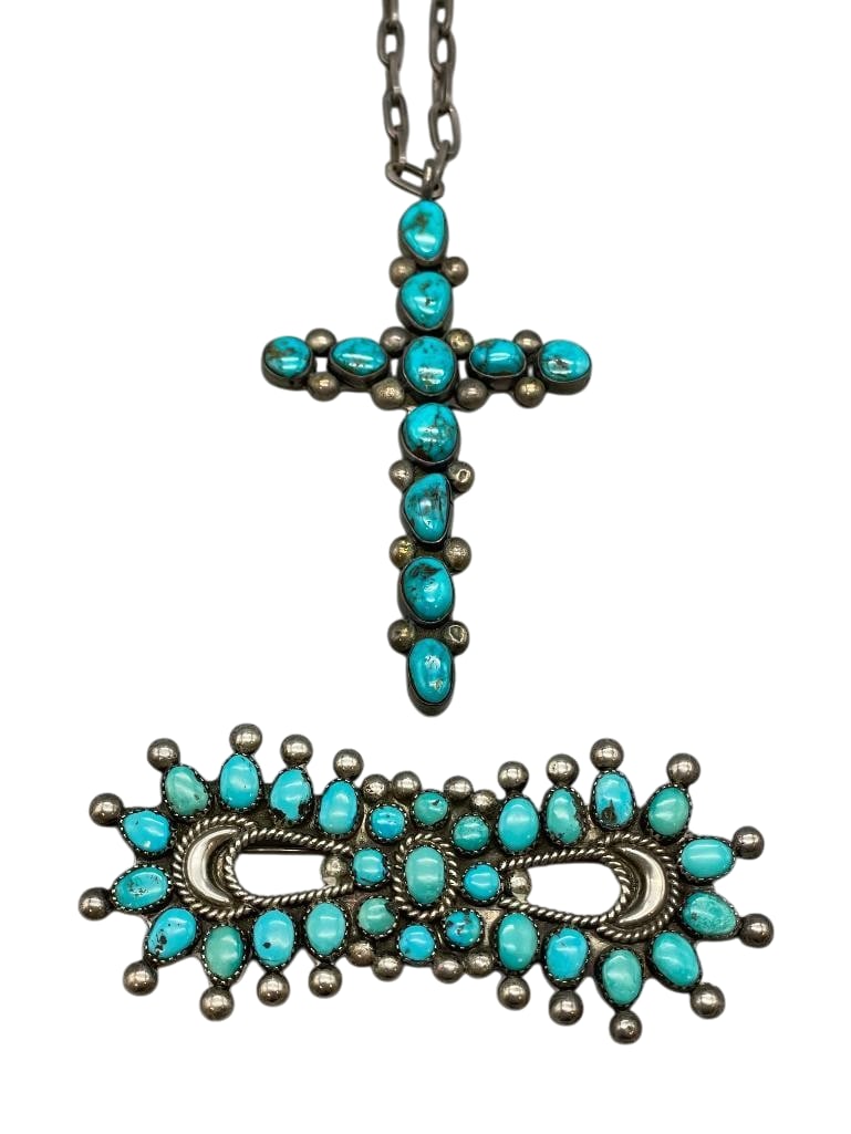 Sterling Silver And Turquoise Cross Pendant On Handmade Chain With Cluster Turquoise Pin (1 of 10)