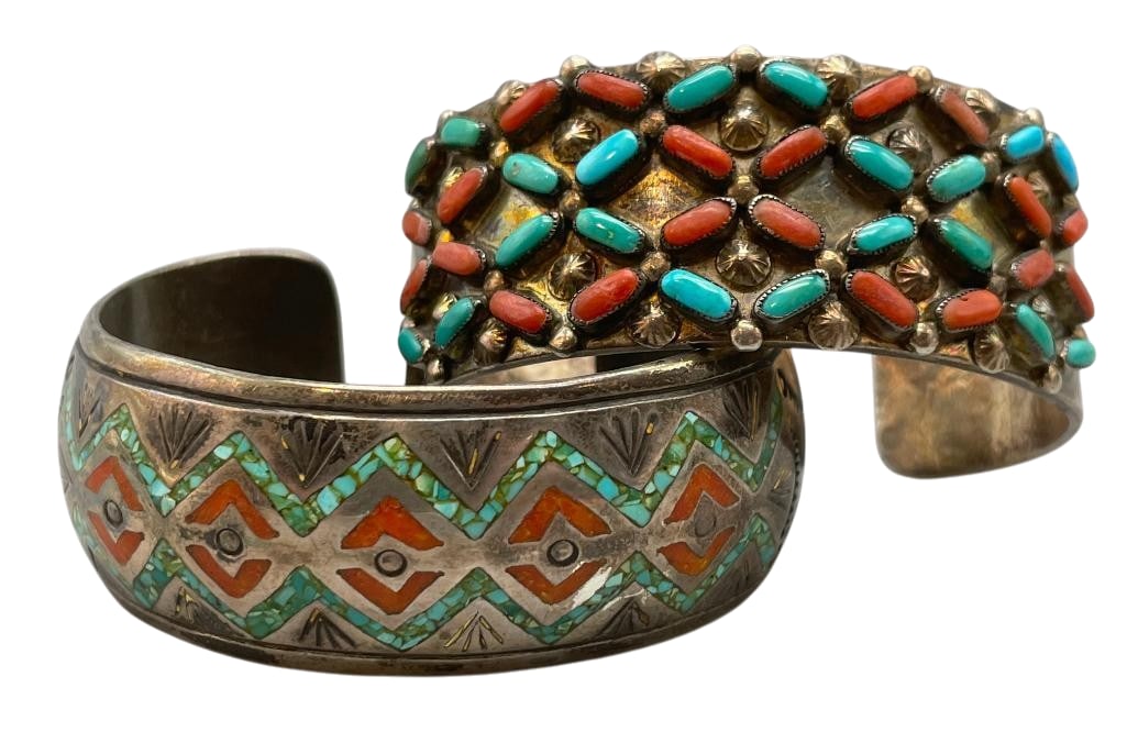 Two Vintage Sterling Silver, Turquoise And Coral Bracelets - One Inlay And One With X Design: Available here for your consideration are two vintage sterling silver, turquoise and coral bracelets - one inlay and one with X design. The first bracelet showcases a geometric design crafted from cor