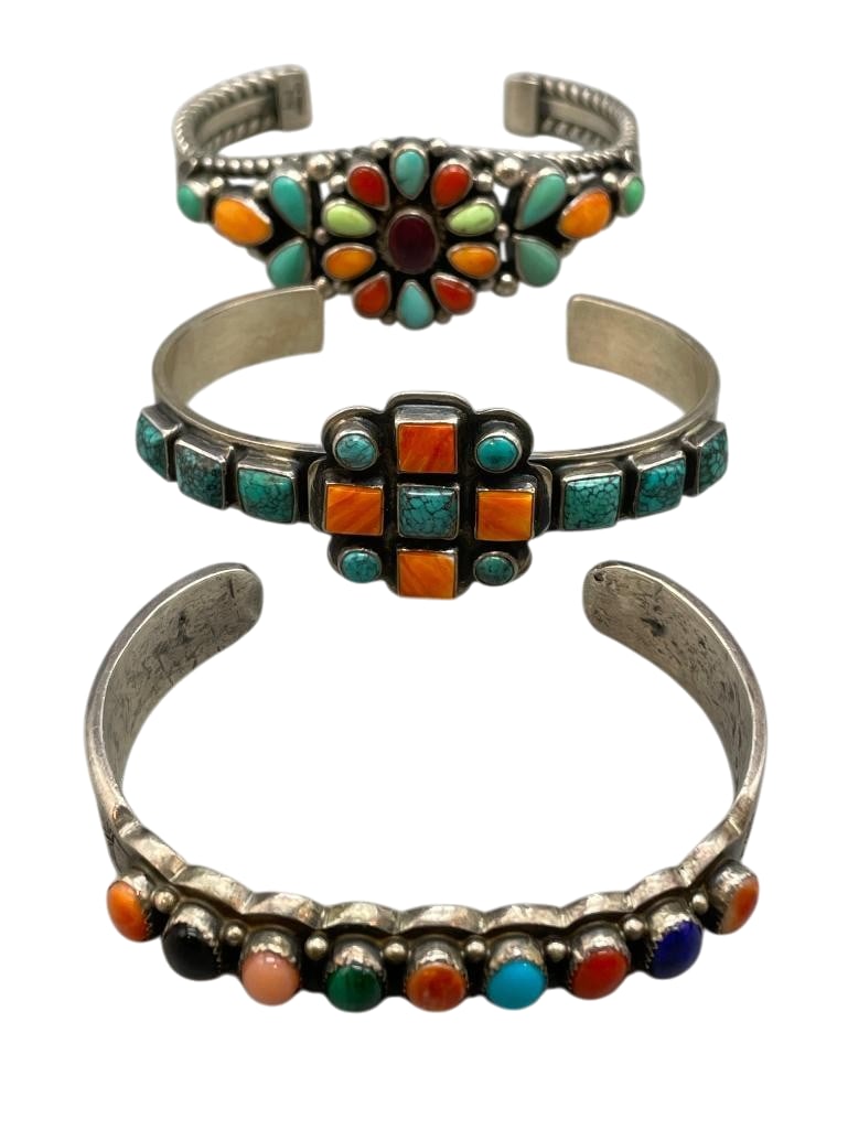Three Sterling Silver And Multi Stone Inlay Bracelets - One By Cadman (1 of 12)