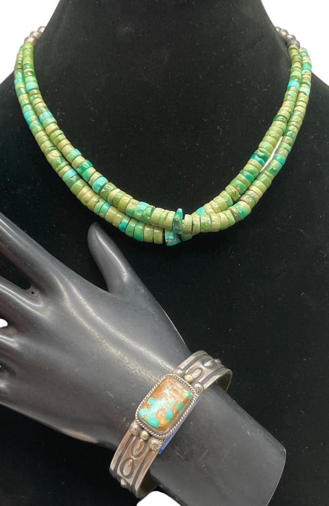 Green Turquoise Joclas With Sterling Silver And Turquoise Bracelet By Delbert Gordon (1 of 16)