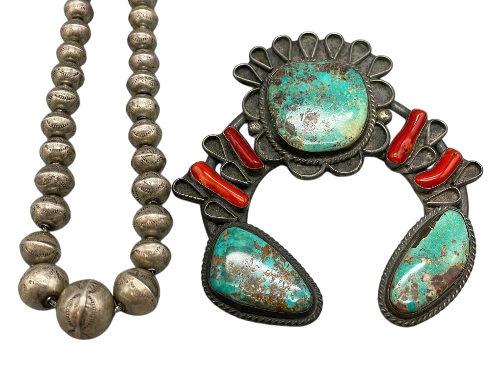 Short Sterling Silver Bead Necklace And Large Turquoise And Coral Naja Pendant: Offered here for your consideration is a short sterling silver bead necklace and a large turquoise and coral naja pendant. This necklace features hand stamped silver beads in graduated sizes. The bead