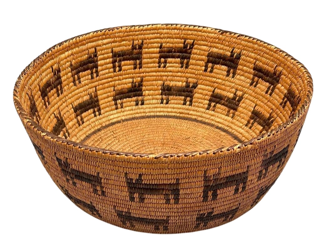 Fine Antique Figural Pima Basket: Offered here for your consideration is a fine antique figural Pima basket. This coiled basket features animal designs woven in natural and dark fibers. The basket shows fine coiling and tight stitch