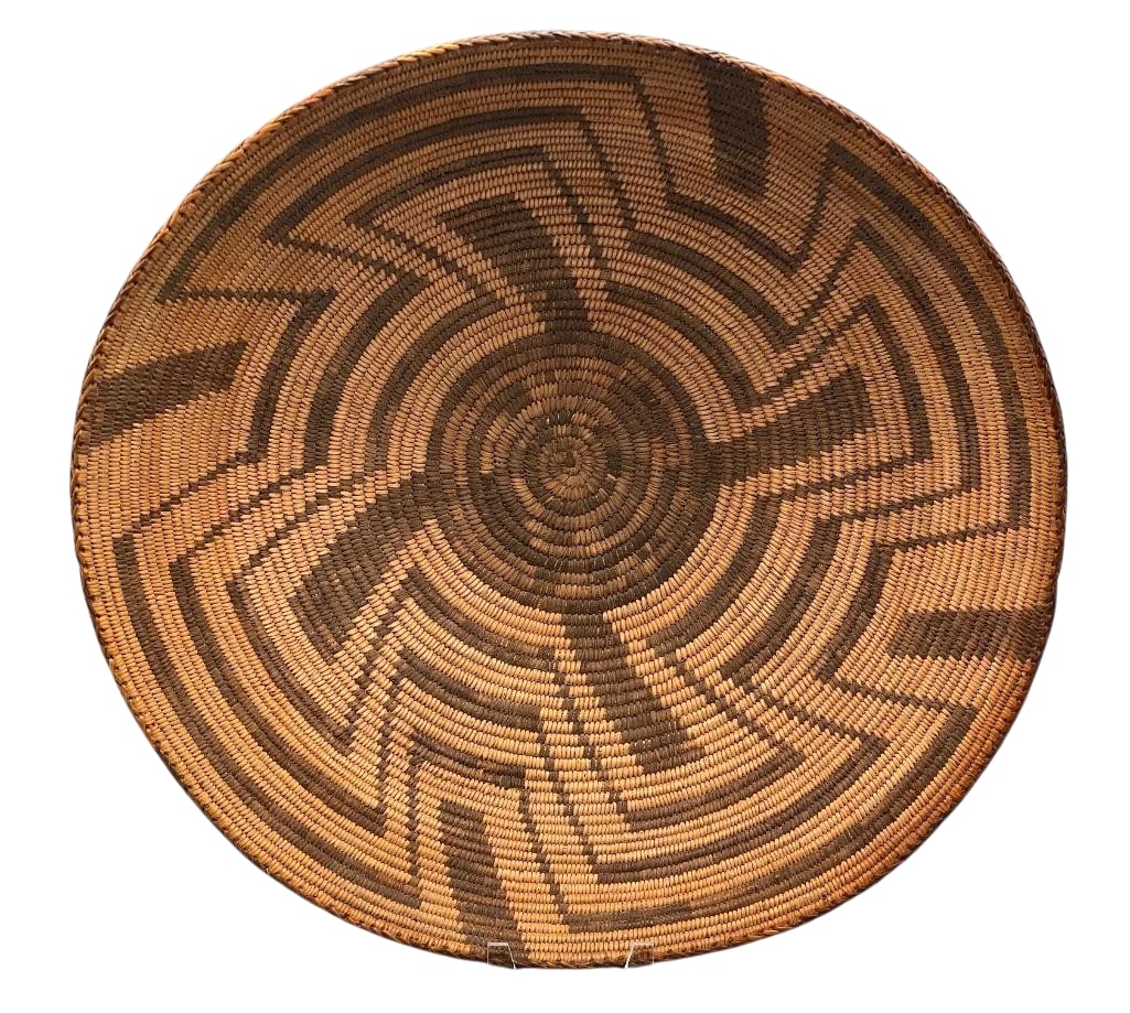 Antique Large Geometric Design Pima Basket: Offered here for your consideration is an antique and large geometric design Pima basket. This coiled basket features geometric designs woven in natural and dark fibers. The Pima (Akimel