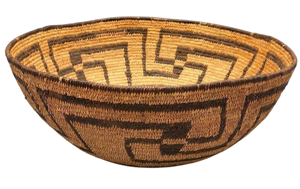 Antique Whirling Log Design Pima Basket: Offered here for your consideration is an antique whirling logs design Pima basket. This coiled basket features whirling log pattern woven in natural and dark fibers and it shows fine coiling and