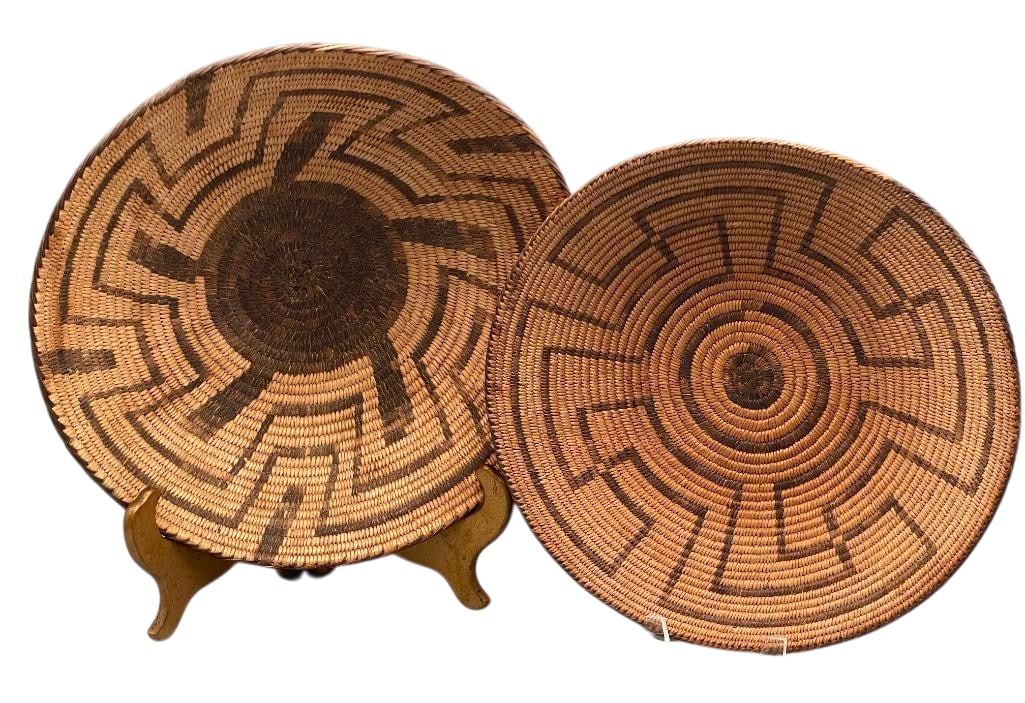 Two Antique Geometric Design Pima Baskets: Offered here for your consideration are two antique geometric design Pima baskets, with one showcasing a stylized whirling log pattern. They are highlighted with dark rounded centers and are woven in