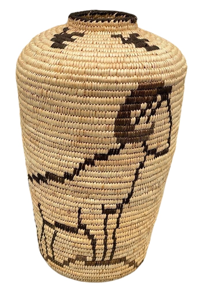 Bighorn Sheep Themed Basket by Annie Antone: Presented here for your consideration is a bighorn sheep themed basket by the award winning basket weaver, Annie Antone. This coiled basket features bighorn sheep designs along with geometric motifs