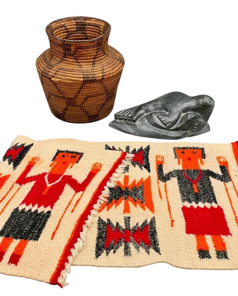 Vintage Tohono O'odham Basket, Inuit Stone Carving and Gallup Throw Textile (1 of 18)