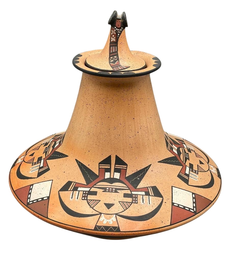 Great Lidded Hopi Pot By Agnes Nahsonhoya: Available here for your consideration is a great lidded Hopi pot by Agnes Nahsonhoya. This hand coiled pot features Kachina face motifs and geometric designs painted in colors of black, white and brow