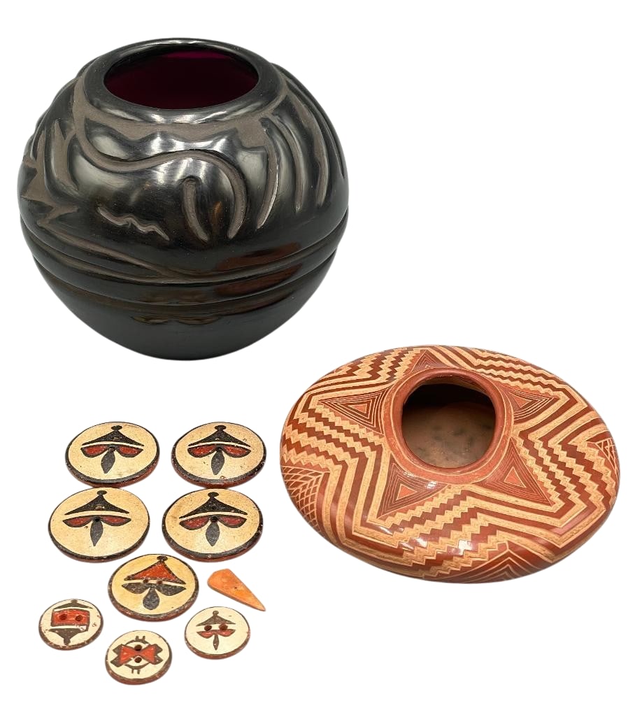 Group of Several Pueblo Handmade Items: Available here for your consideration is a group of several Pueblo handmade pottery items. This lot includes two pots and a group of pottery buttons. The pots feature carved or red painted geometric d