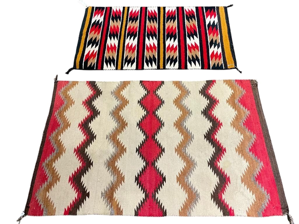 Two Vintage Navajo Eyedazzler Textiles: Available here for your consideration are two vintage Navajo Eyedazzler textiles. They are both hand carded and hand spun wool. The first features banded rows of conjoined diamonds in white, black, re