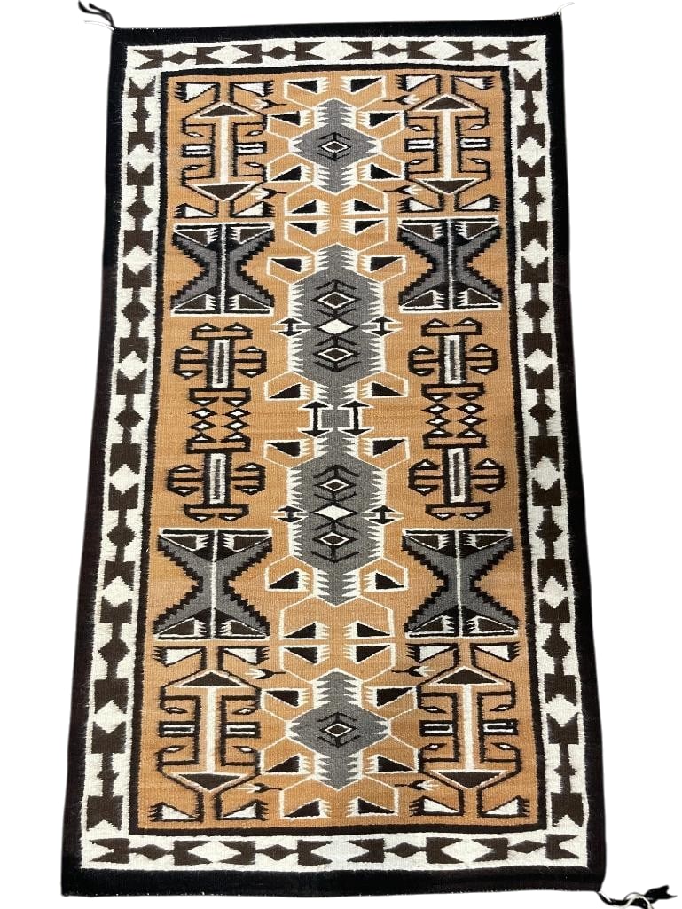 Teec Nos Pos Design Navajo Rug: Available here for your consideration is a Teec Nos Pos design Navajo Rug. It was made using hand carded, hand spun wool. It features a very dense symmetrical composition surrounding four elongated di