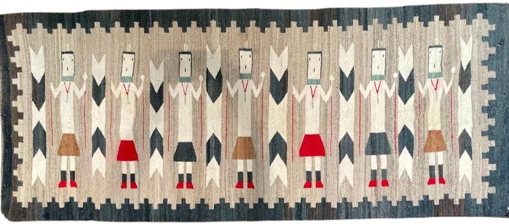 Large Navajo Yei Pictorial Rug Circa 1950s: Available here for your consideration is a large Navajo Yei pictorial rug from circa the 1950s. It is a runner design (longer than wide) and was woven with hand carded and hand spun wool. The design f