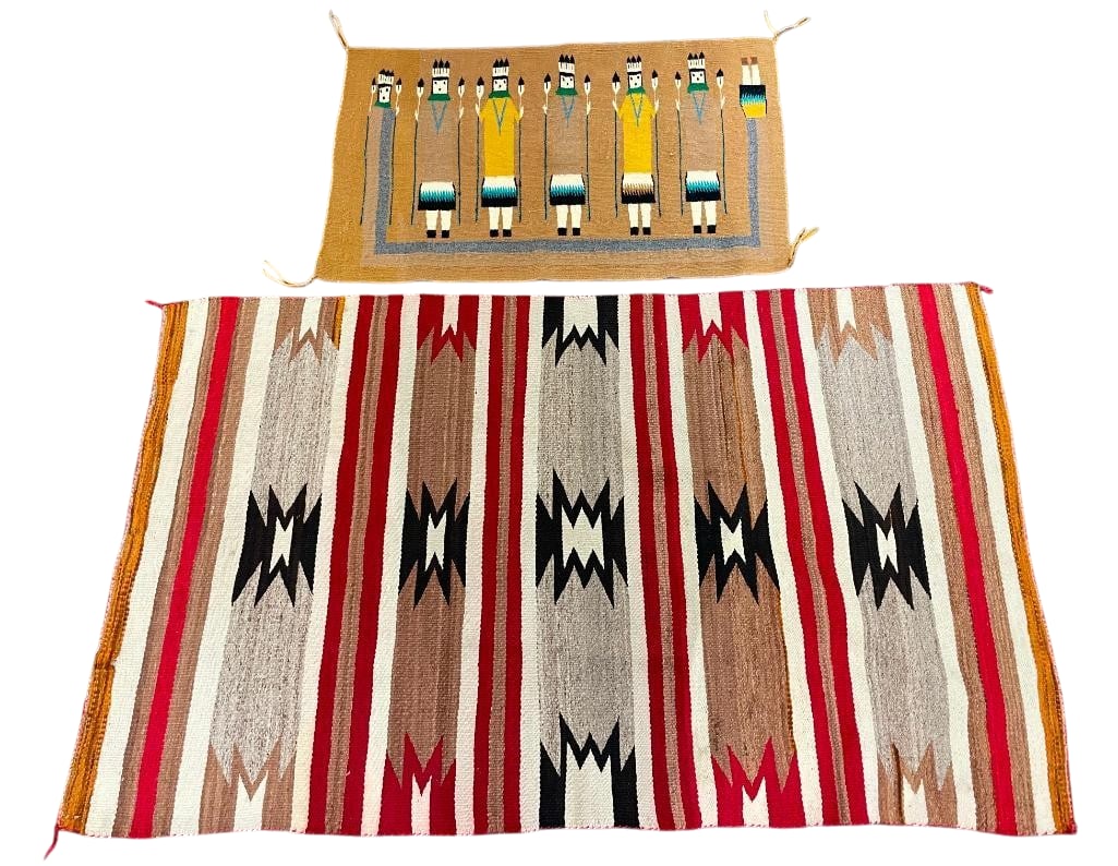 Vintage Navajo Saddle Blanket and Yei Pictorial Rug Circa 1960s: Available here for your consideration is a vintage Navajo double saddle blanket and a Yei pictorial rug from circa the 1960s. First is a double saddle blanket made from hand carded and hand spun wool 