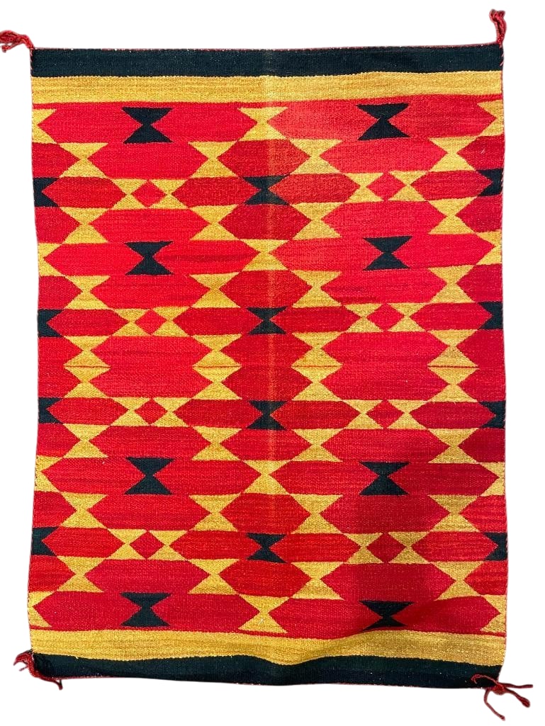 Vintage Butterfly Pattern Navajo Rug Circa 1960s: Available here for your consideration is a vintage butterfly pattern Navajo Rug from circa the 1960s. This is made with hand carded and hand spun wool which features patterns in yellow/gold and black.