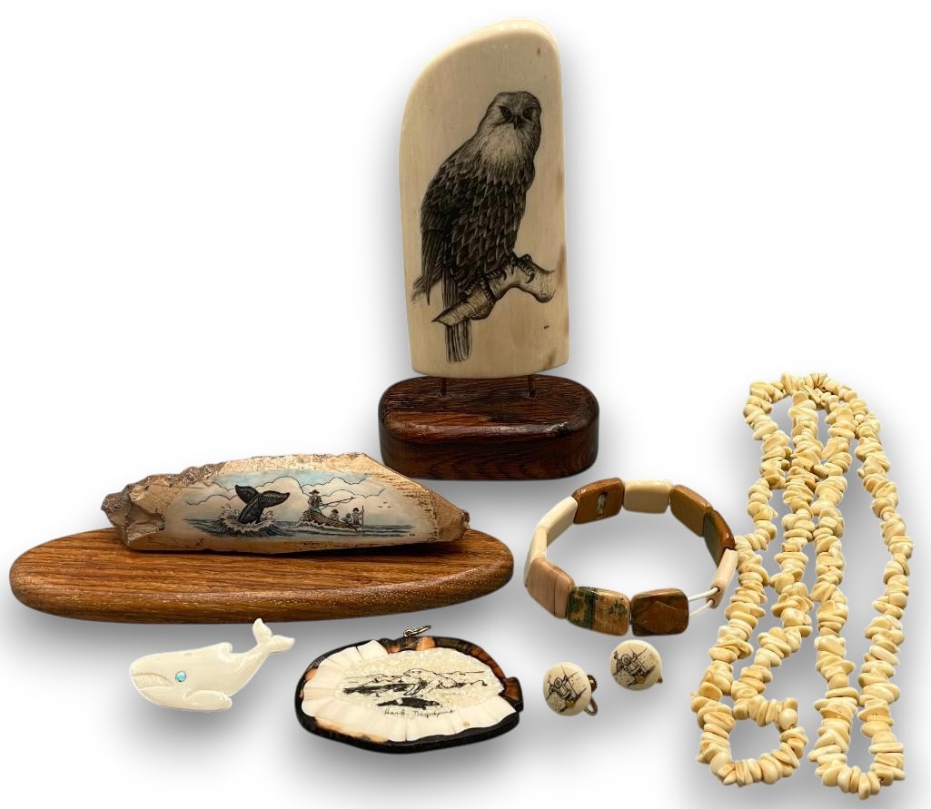 Fossilized Mammoth Ivory And Walrus Scrimshaw Items And Jewelry: Offered here for your consideration is a group of fossilized mammoth ivory and walrus scrimshaw items and jewelry. There is a pair of earrings, a necklace, bracelet, pendant, pin and two large scrimsh