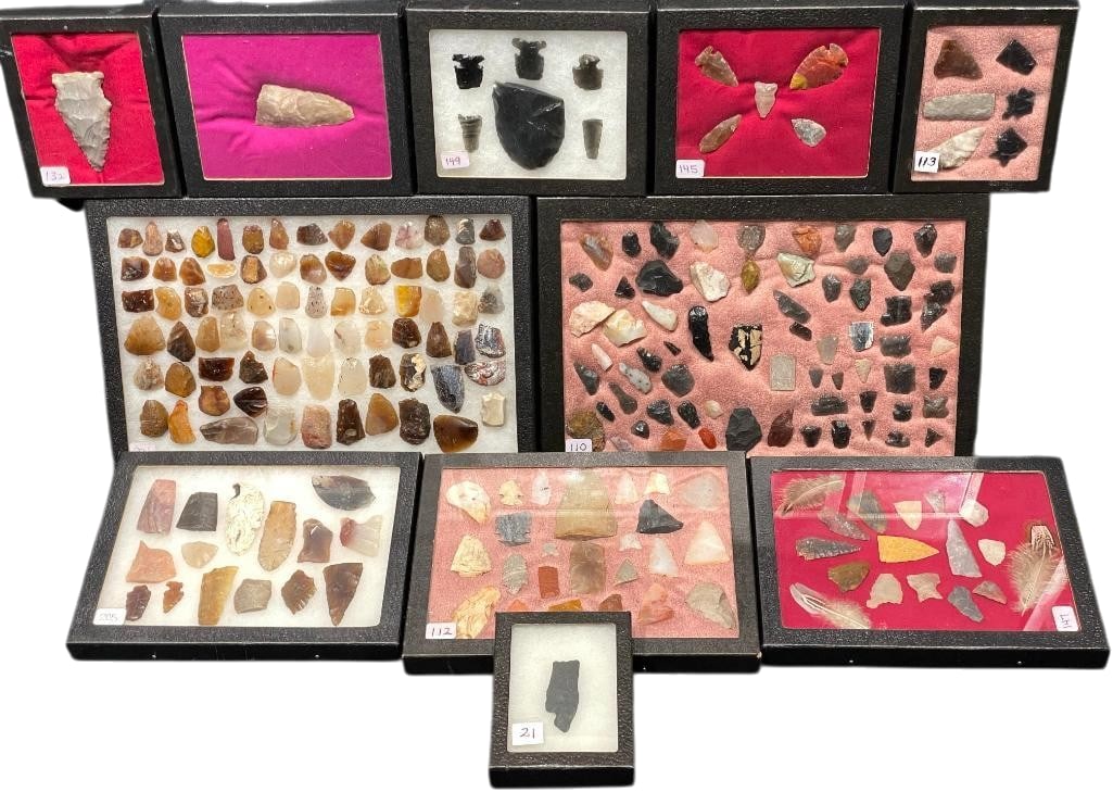 Numerous Frames With Prehistoric And Historic Stone Artifacts: Offered here for your consideration are numerous frames with prehistoric and historic stone artifacts. This lot features stone points, blades, scrapers and other artifacts in various sizes, shapes and