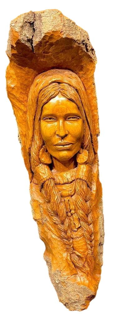 Native American Theme Wood Carving Titled Mameia Blackfoot by R. Tureman: Offered here for your consideration is a Native American theme wood carving titled "Mameia Blackfoot" by R. Tureman. This hand carved piece depicts the bust of a Native American woman with lon