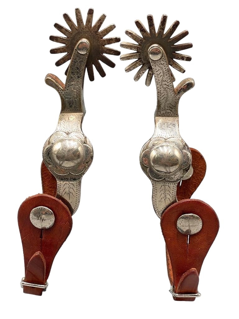 Pair of Target Pattern Nickel Plated Crockett Spurs With Straps (1 of 15)