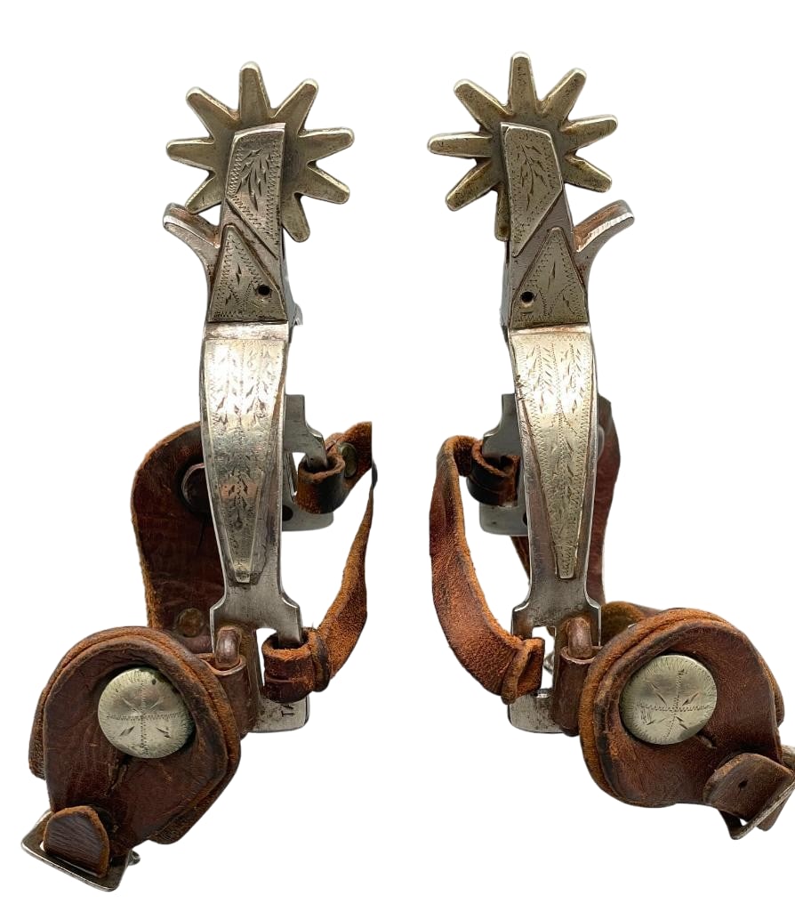 Pair of Stainless Crockett Spurs With Straps (1 of 14)