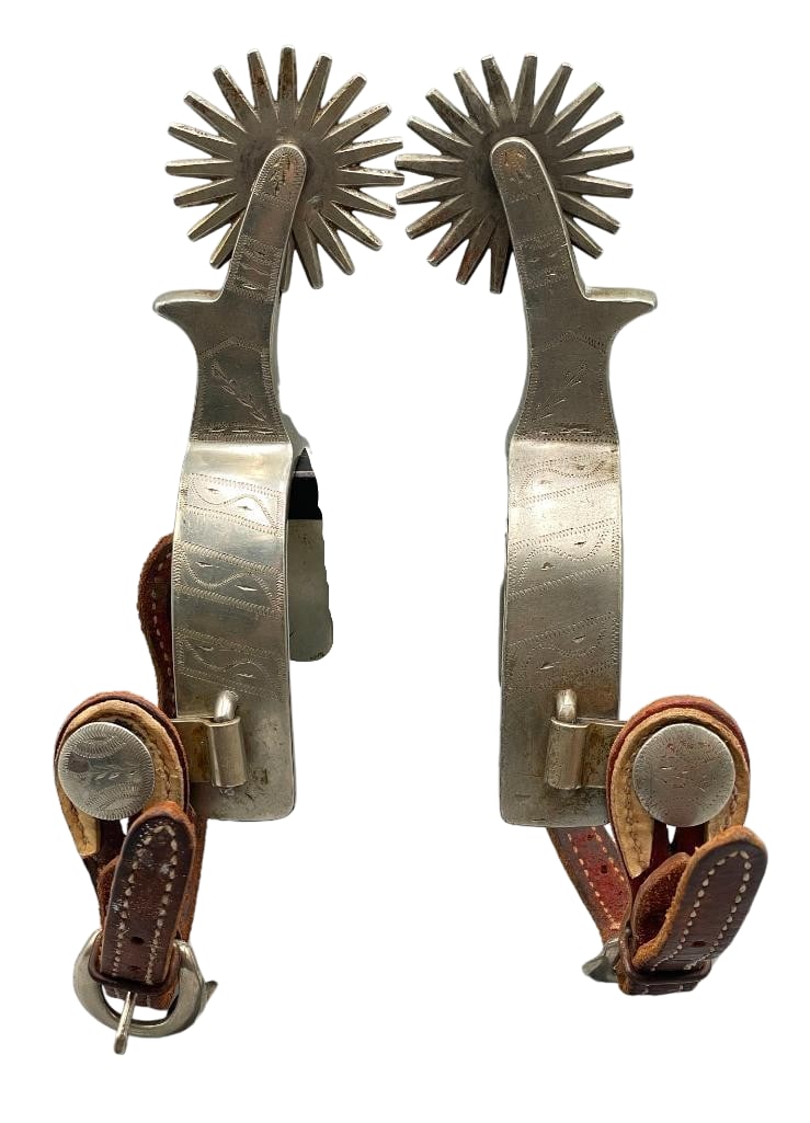 Pair of Buermann Star Marked Engraved Spurs With Straps (1 of 13)