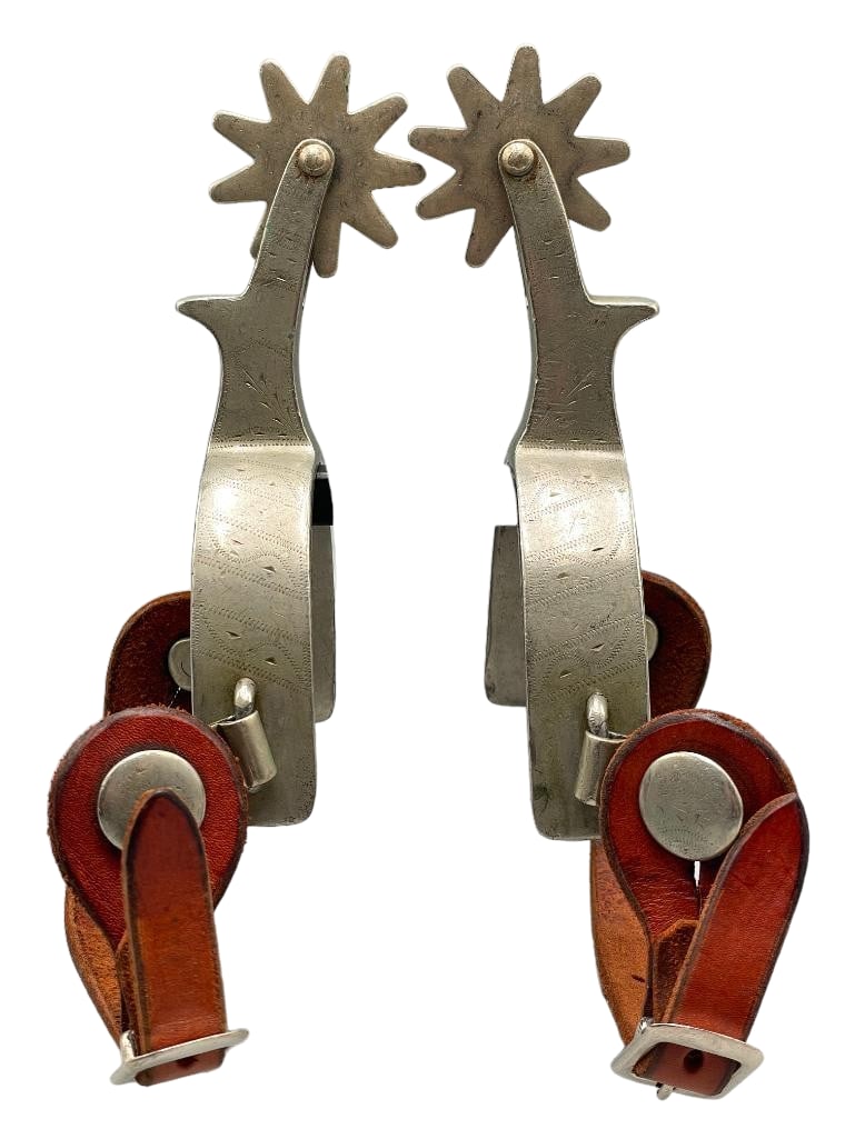 Pair of Buermann Star Marked Engraved Spurs With Straps (1 of 12)