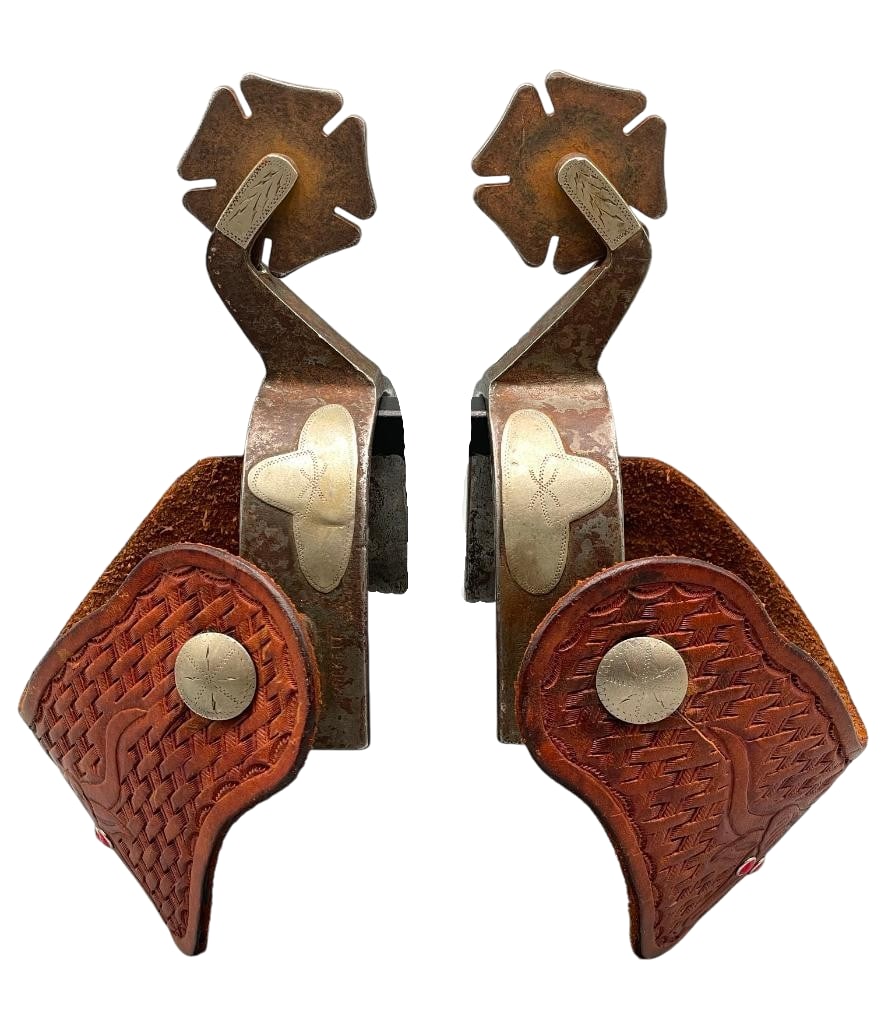 Pair of 1920s-1930s Crockett Sombrero Themed Spurs With Nice Straps: Available here for your consideration is a pair of 1920s-1930s era Crockett Sombrero themed spurs with nice straps. These single mounted spurs feature engraved silver overlay sombrero designs on the h