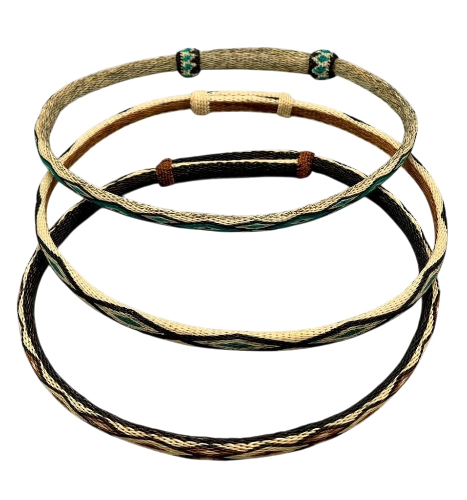 Three Hitched Horsehair Hat Bands - Deer Lodge: Offered here for your consideration are three hitched horsehair hat bands from Deer Lodge Prison. These hitched horsehair hatbands featuring geometric and diamond hitched horsehair designs in shades o
