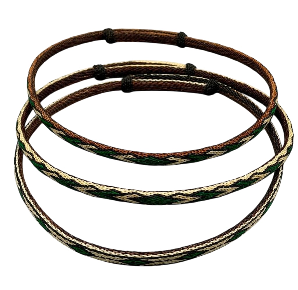 Three Hitched Horsehair Hat Bands: Offered here for your consideration are three hitched horsehair hat bands from Deer Lodge Prison. These hitched horsehair hatbands featuring geometric and diamond hitched horsehair designs in shades o
