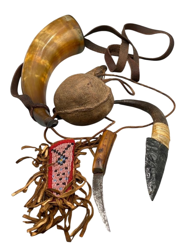 Group Of Powder Horns, Beaded Sheath And Antelope Horn Knife (1 of 8)