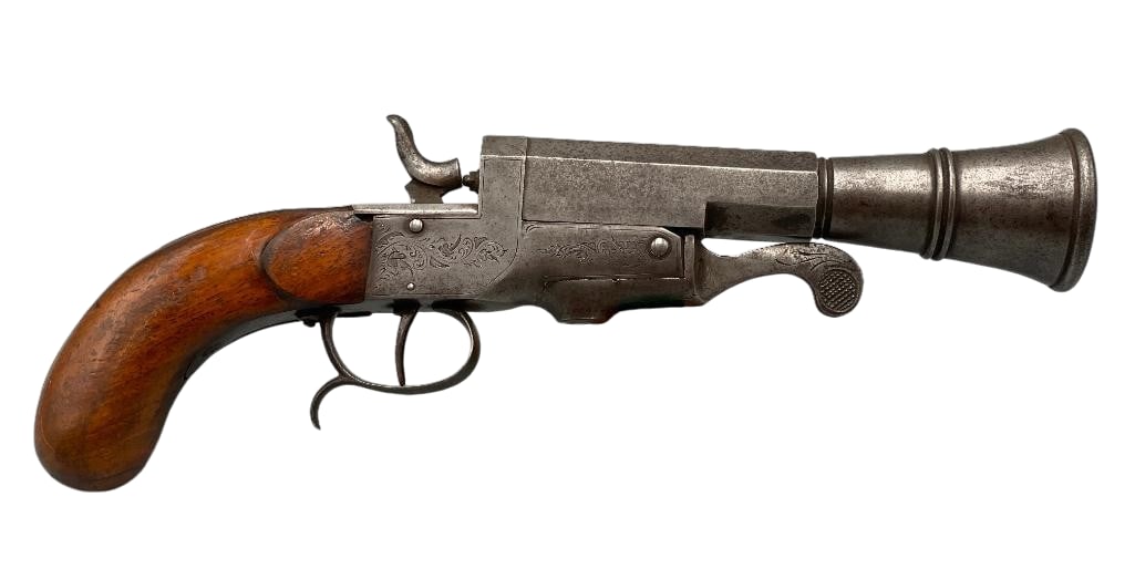 Pedro Worms Buenos Aires Single Shot Blunderbuss Style Pistol .20ga: Offered here for your consideration is a Pedro Worms Buenos Aires single shot blunderbuss style pistol and it is an approx. 20ga. This pistol features an octagonal steel barrel, engraved frame, walnut