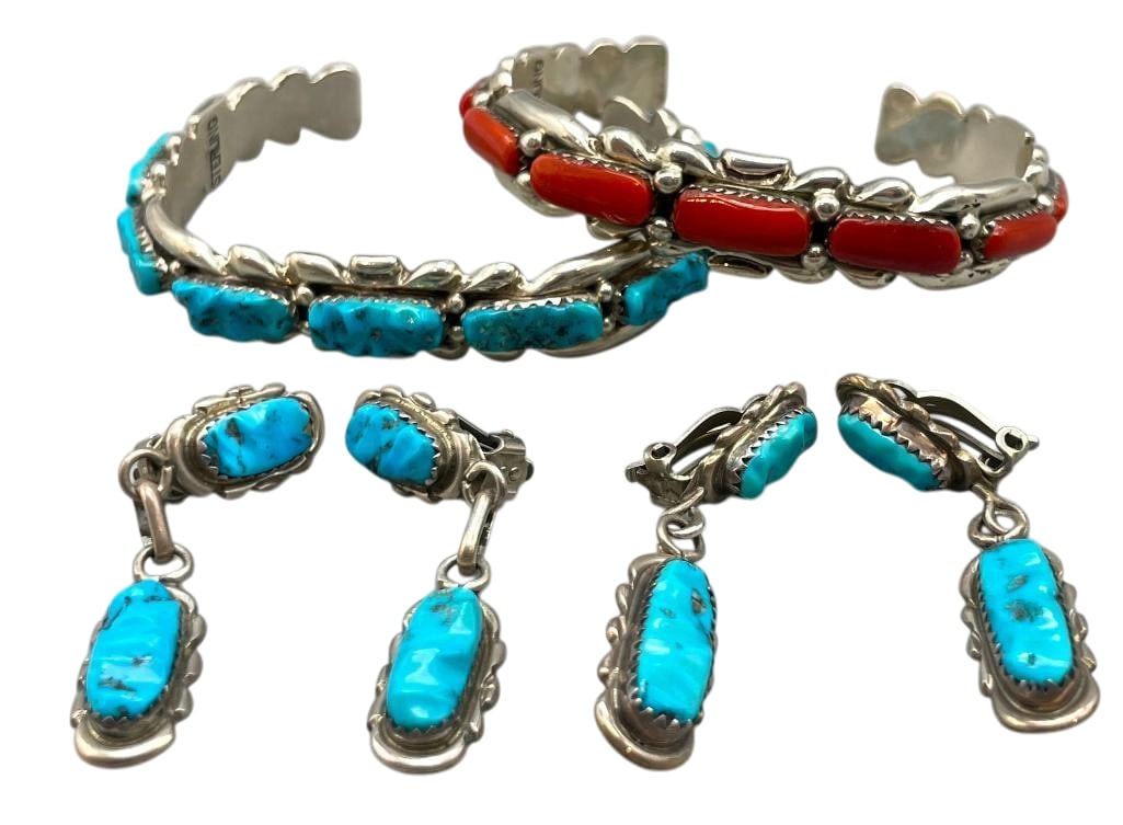 Sterling Turquoise Coral Bracelets By Wayne Quam And Sterling Turquoise Earrings By Alice Quam: Available here for your consideration are two sterling bracelets by Wayne Quam featuring turquoise and coral, along with two pairs of sterling earrings by Alice Quam. Each features a sandcast solid si