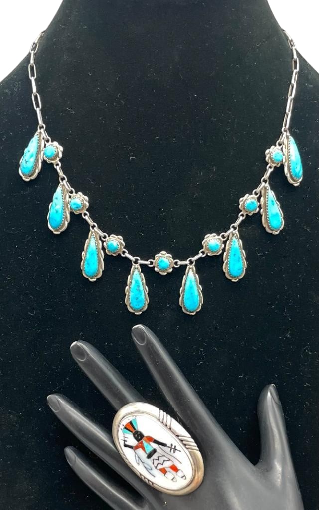 Sterling Silver And Turquoise Teardrop Necklace By Alvina Quam And Zuni Inlay Ring: Offered here for your consideration is a sterling silver and turquoise teardrop necklace by Alvin Quam and Zuni inlay ring. The necklace has a neckline filled with round and teardrop shaped pendants i