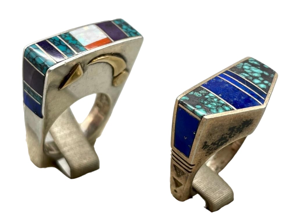 Two Nice Contemporary Inlay and Sterling Silver Rings: Offered here for your consideration are two nice contemporary inlay and sterling silver rings. Both pieces feature a multi stone channel inlay of lapis, turquoise, coral and others. One ring is furthe