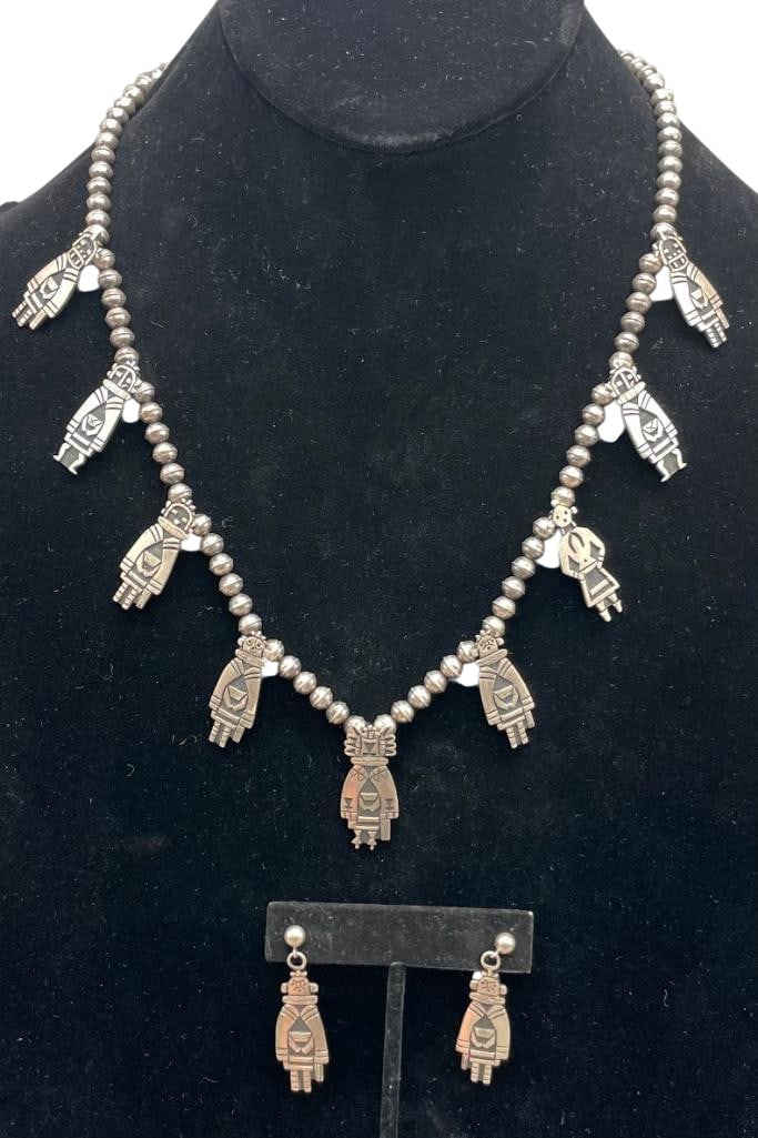 Hopi Sterling Silver Kachina Themed Necklace And Earrings: Offered here for your consideration is a Hopi sterling silver Kachina themed necklace and earrings. The pendants on the necklace and earrings feature Kachina theme overlay style designs on etched dark