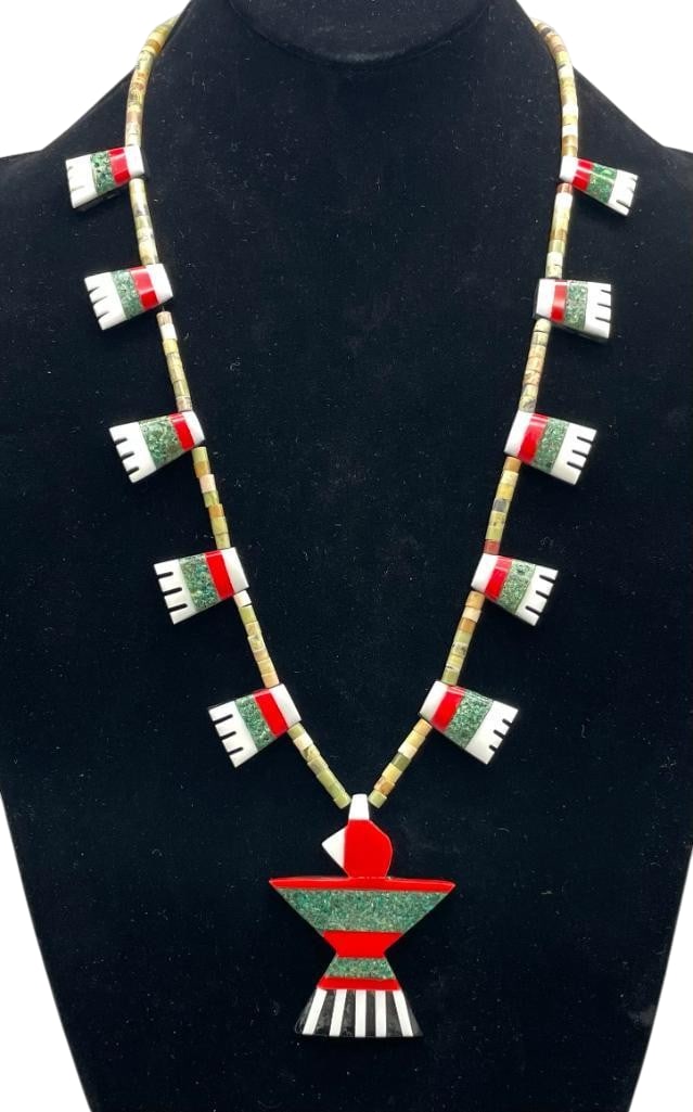 Vintage Santo Domingo Thunderbird Tab Necklace: Offered here for your consideration is a vintage Santo Domingo Thunderbird tab necklace. The necklace features a central Thunderbird pendant accented with multi stone inlay, including turquoise and ot