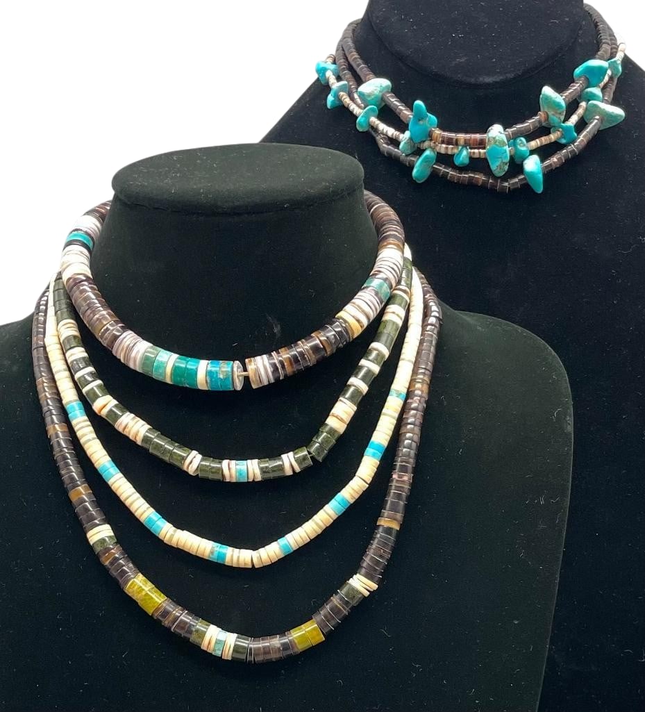Group Of Seven Heishi Necklaces With Various Accents: Available here for your consideration is a group of seven Heishi necklaces with various accents. These pieces each feature one strand of shell Heishi beads accented with turquoise nuggets, turquoise H