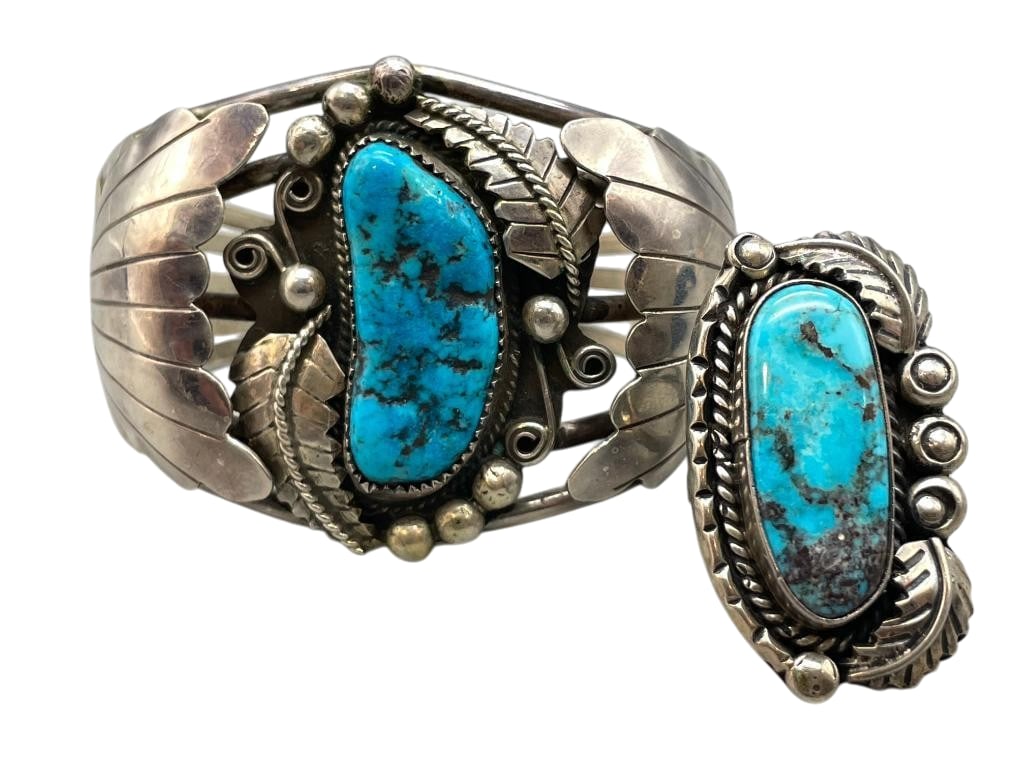 Sterling Silver And Nice Stone Turquoise Bracelet And Ring: Offered here is a sterling silver and nice stone turquoise bracelet and ring. This bracelet and ring each feature a central turquoise cabochon set in a silver bezel accented by silver dots, floral mot