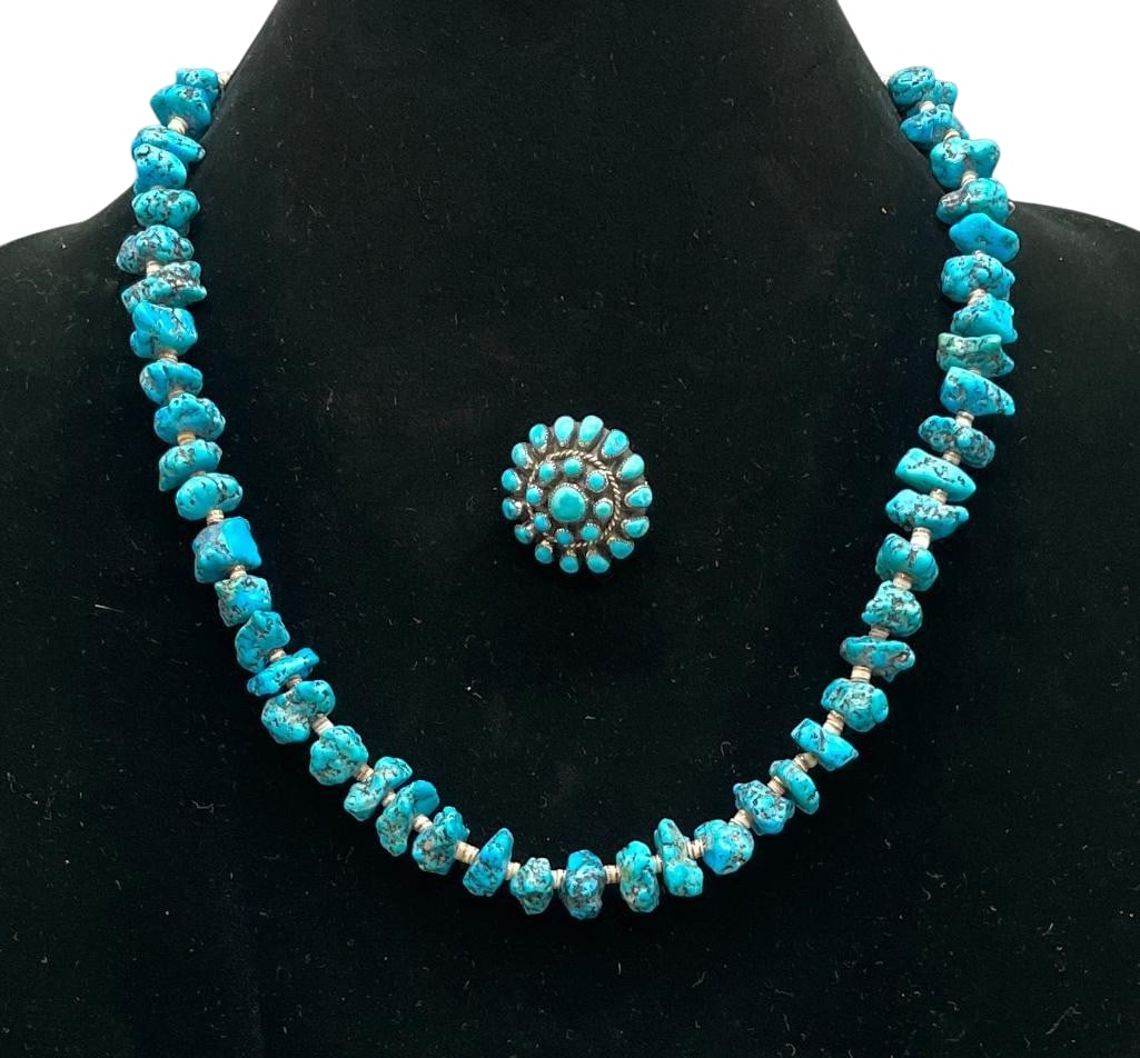 Chunky Turquoise And Heishi Necklace With Cluster Turquoise Pin: Offered here for your consideration is a chunky turquoise and Heishi necklace with cluster turquoise pin. The necklace features a strand of turquoise nugget and shell Heishi beads strung on coated wir