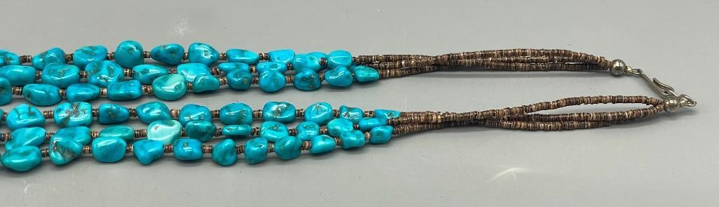 Turquoise Cluster Necklace With Three Strands - 13