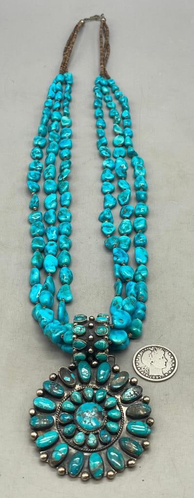 Turquoise Cluster Necklace With Three Strands - 3